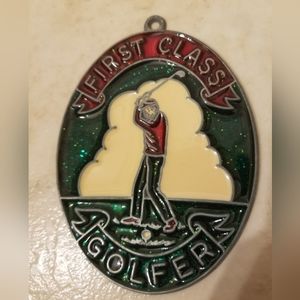 Vintage 1996 Pentagon Ind oval green red first class golfer hanging ornament